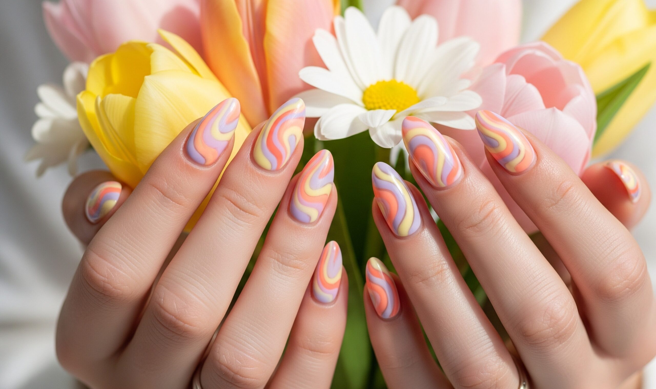 pastel swirl almond nails 