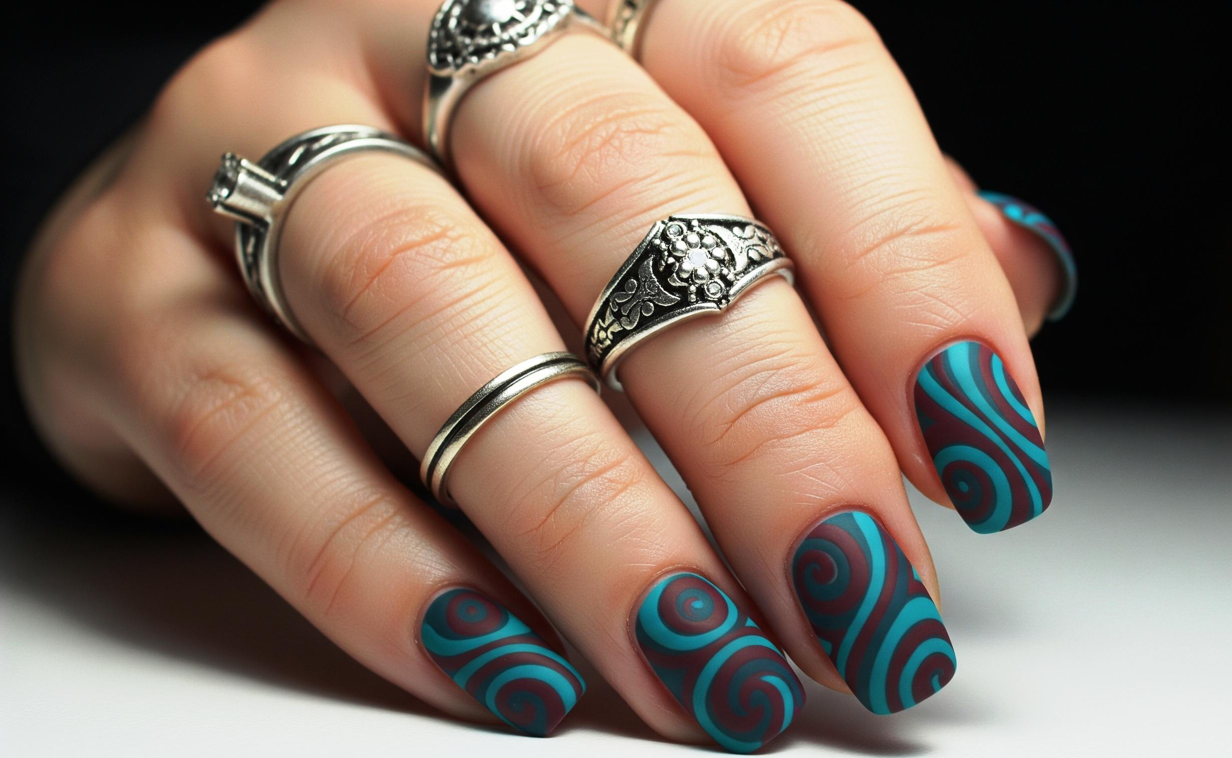 matte teal and burgundy nail design