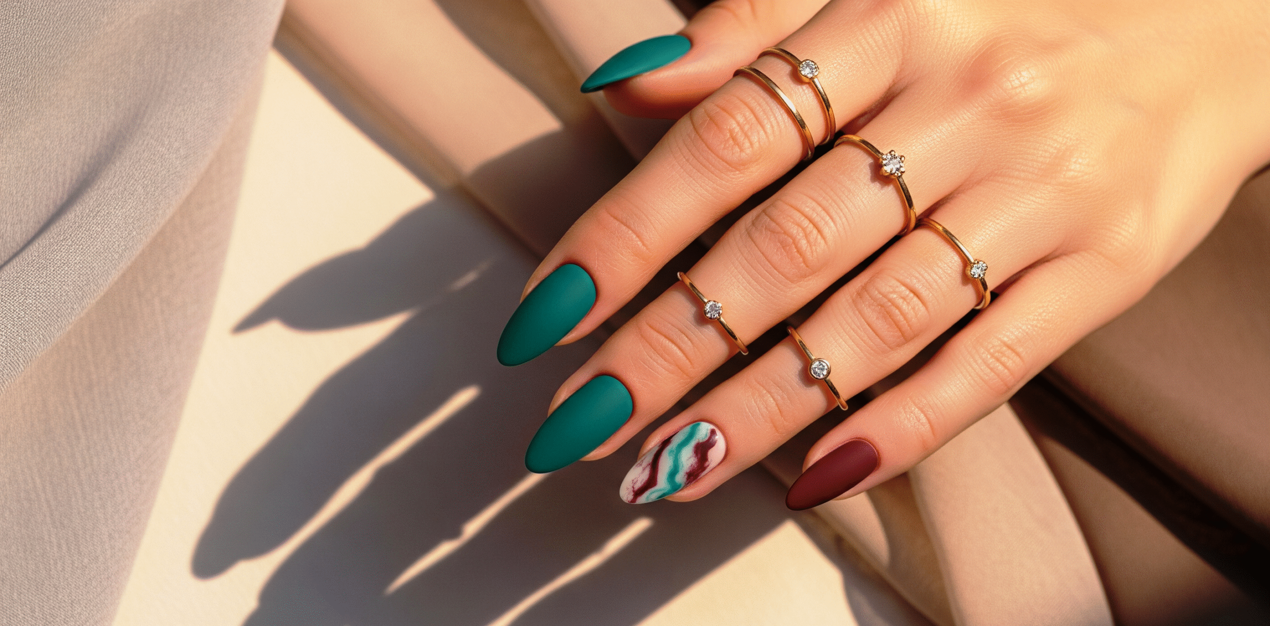 matte teal and burgundy nail design