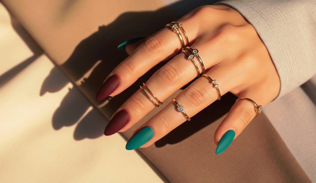 matte teal and burgundy nail design