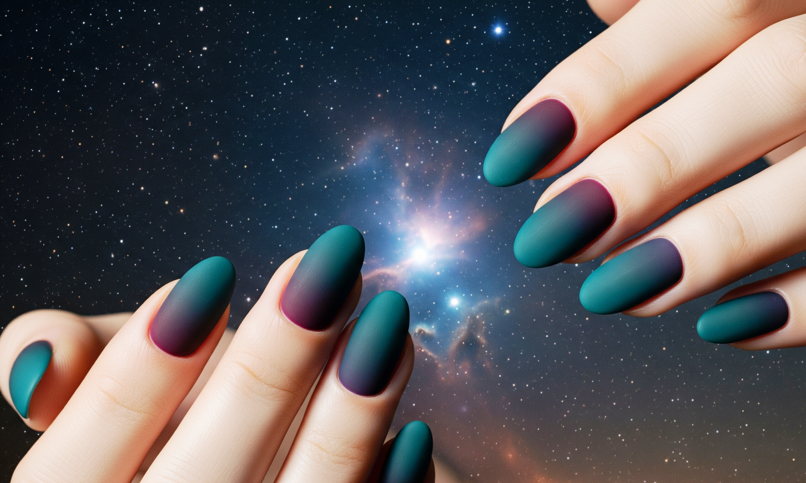 matte teal and burgundy nail design