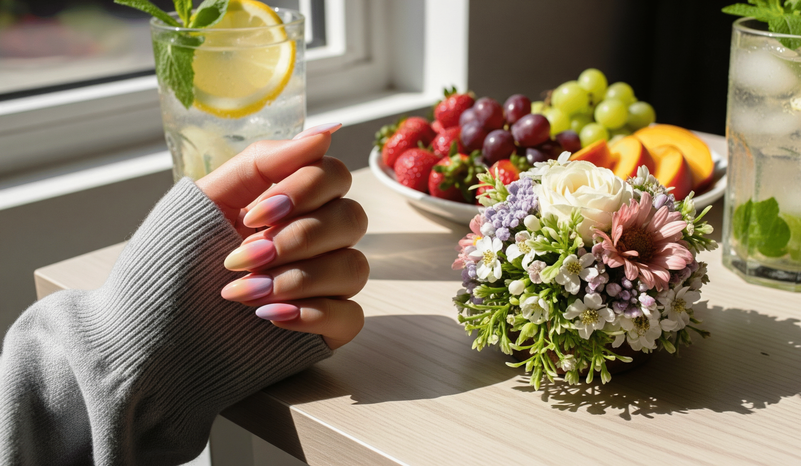 sunset ombre almond nails