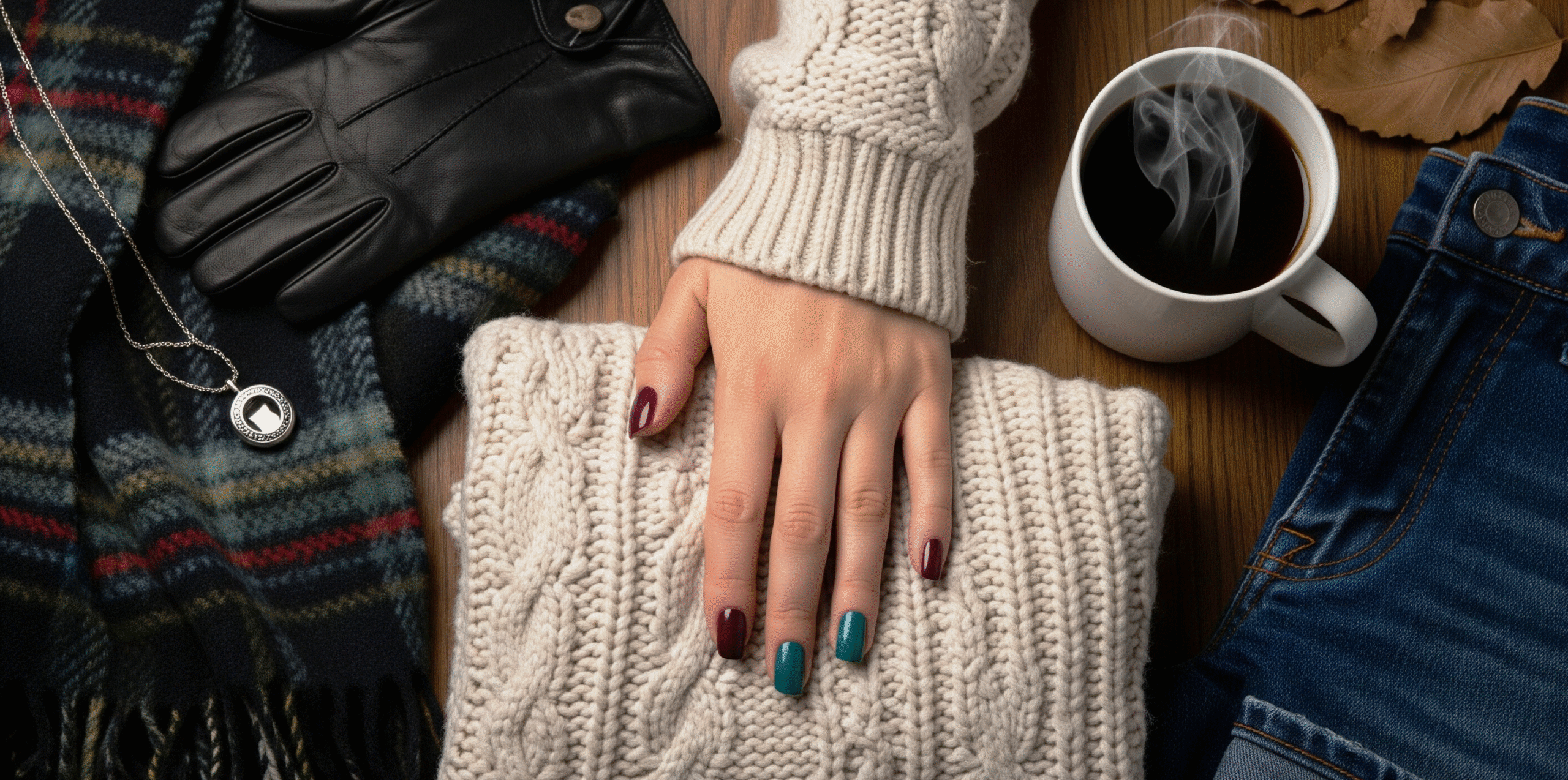 matte teal and burgundy nail design