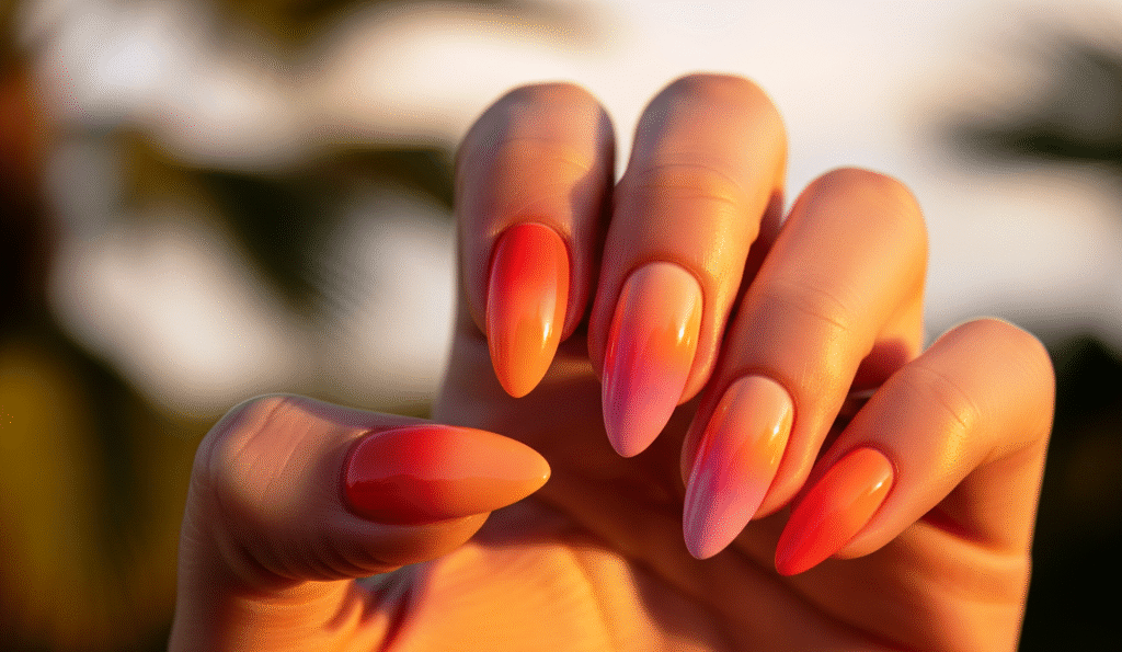 sunset ombre almond nails