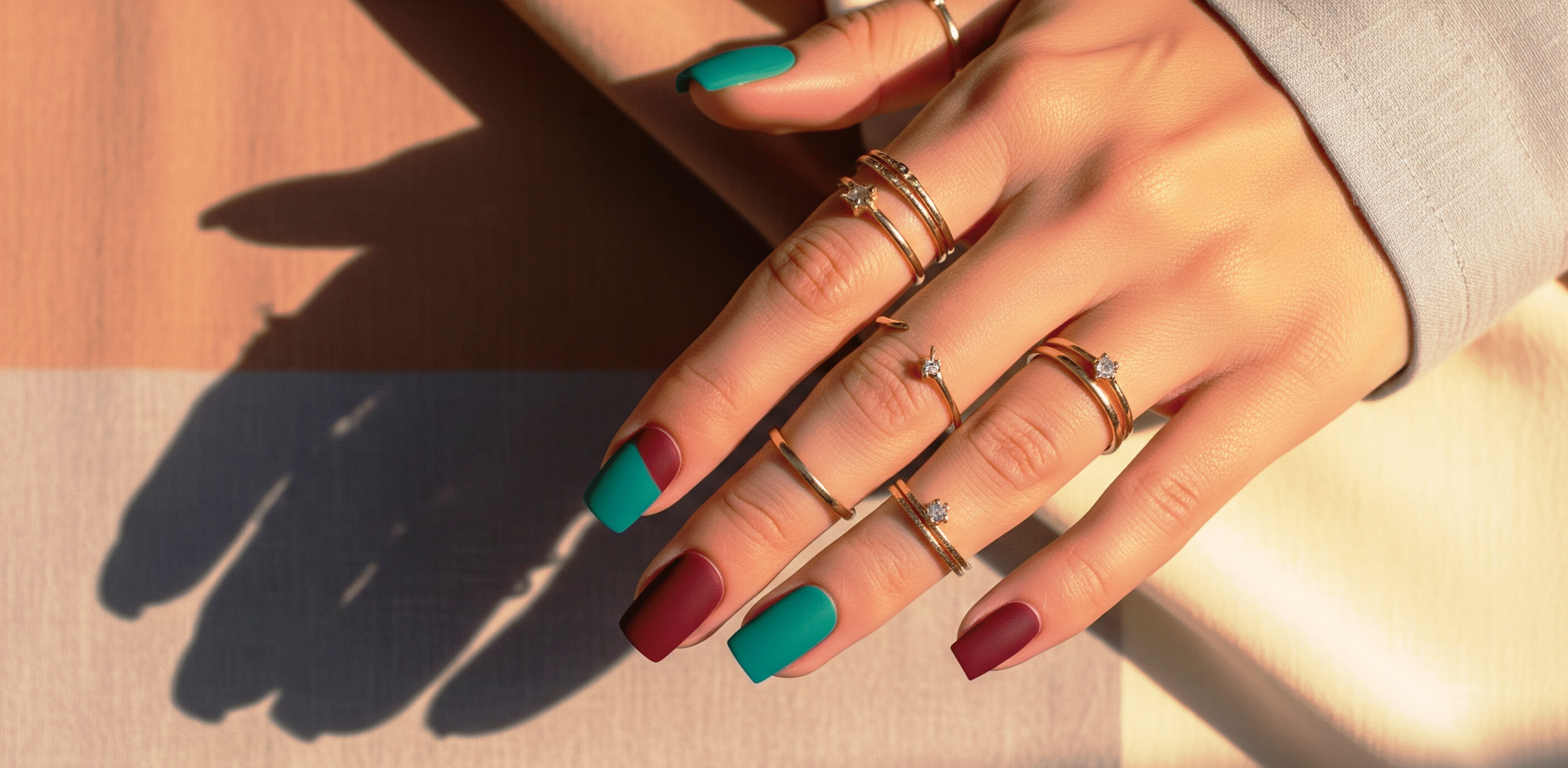 matte teal and burgundy nail design