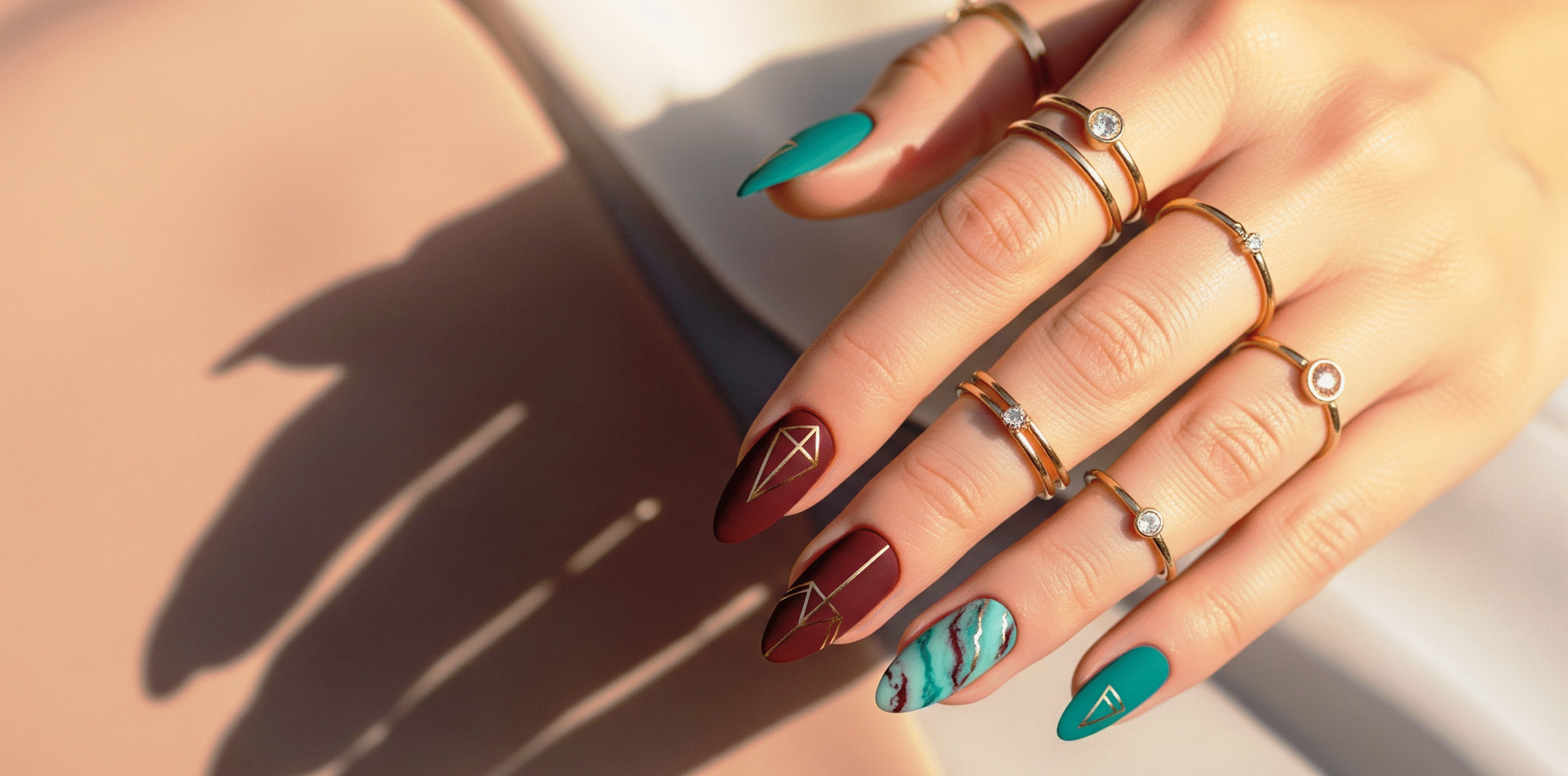 matte teal and burgundy nail design