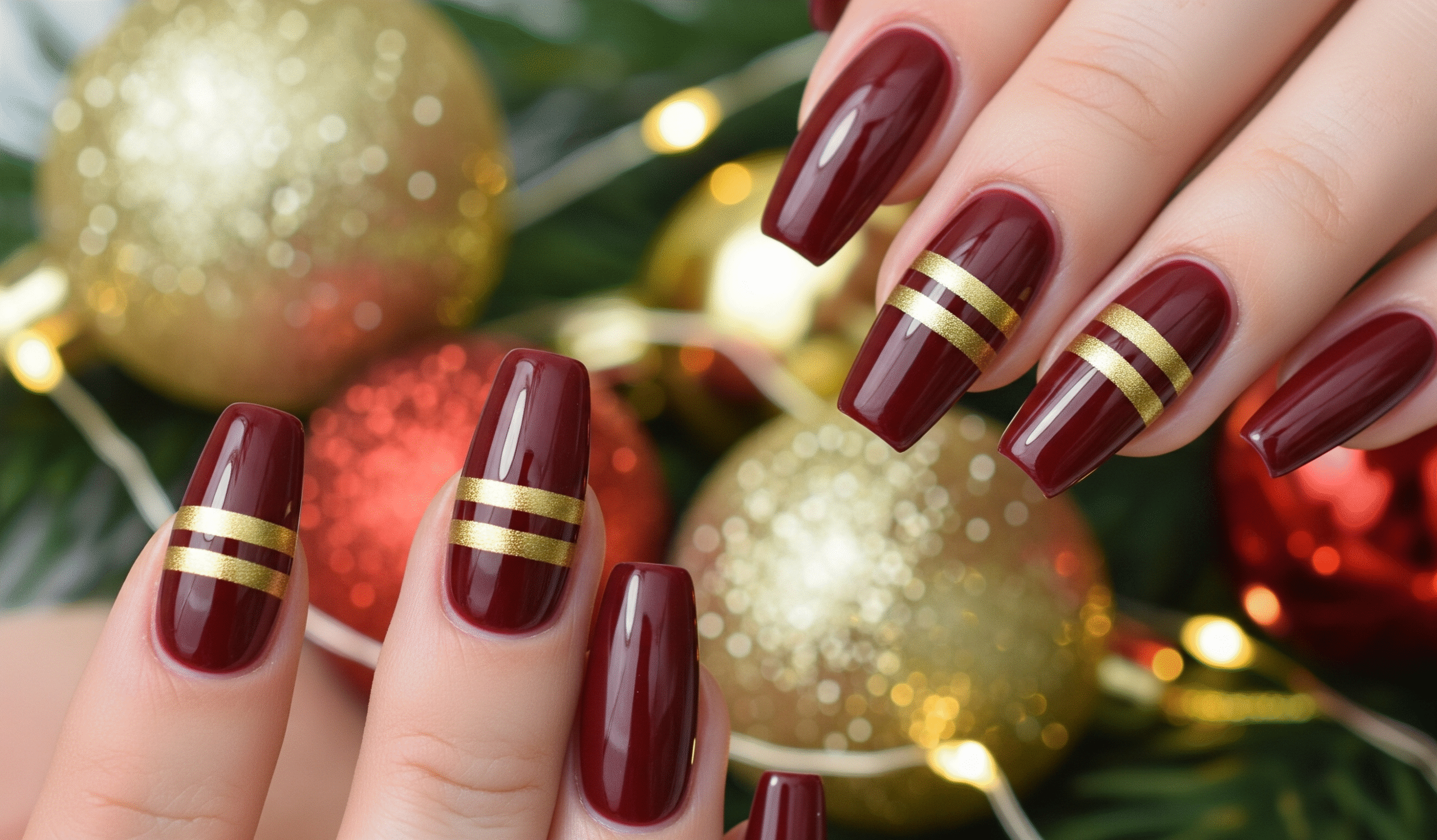 Burgundy Nails with Gold Line