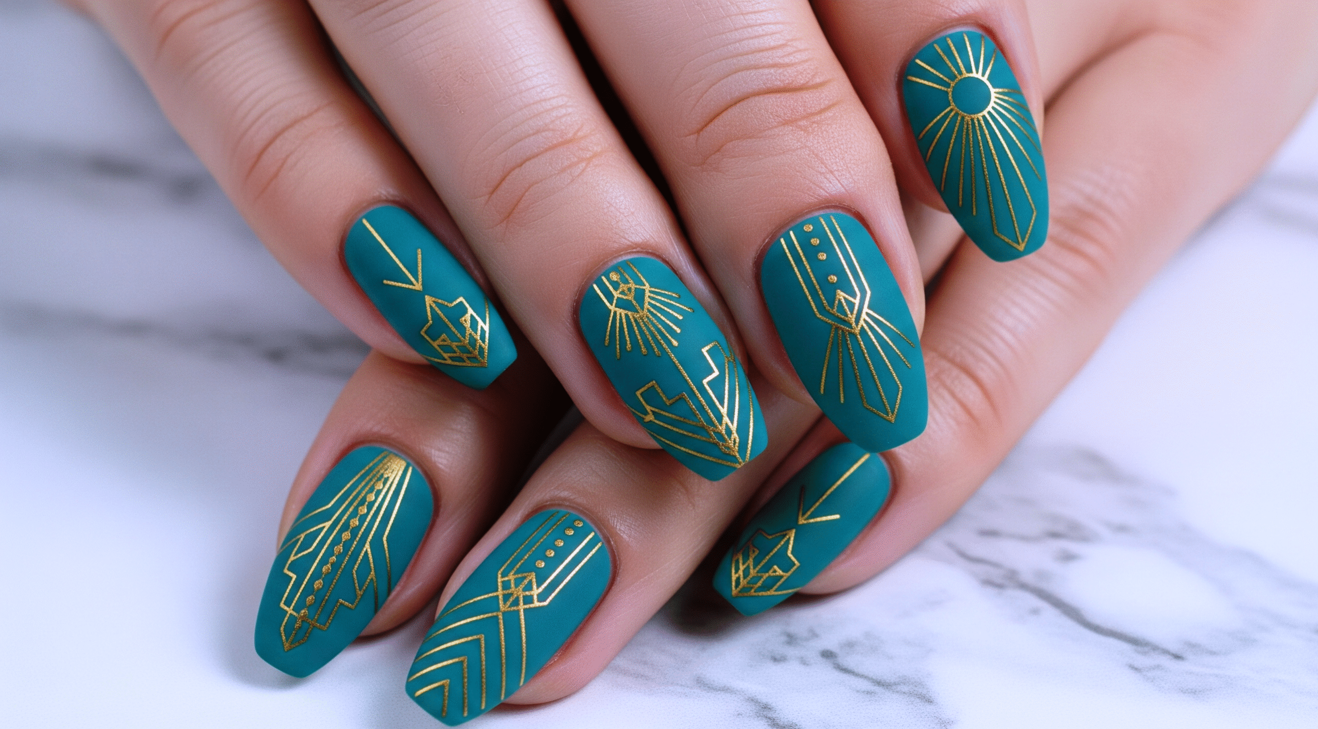 matte teal and burgundy nail design