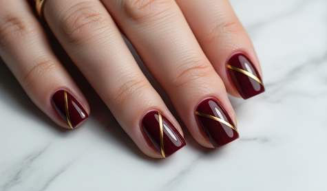 Burgundy Nails with Gold Line