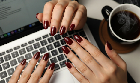 Burgundy Nails with Gold Line