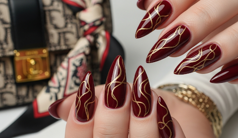 Burgundy Nails with Gold Line