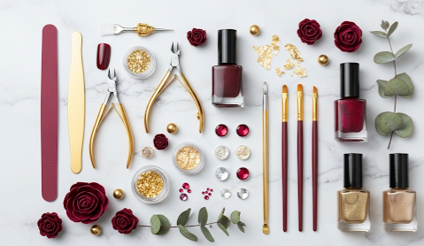 Burgundy Nails with Gold Line