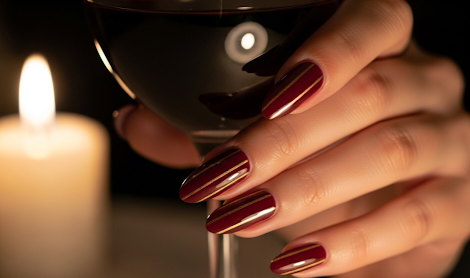 Burgundy Nails with Gold Line