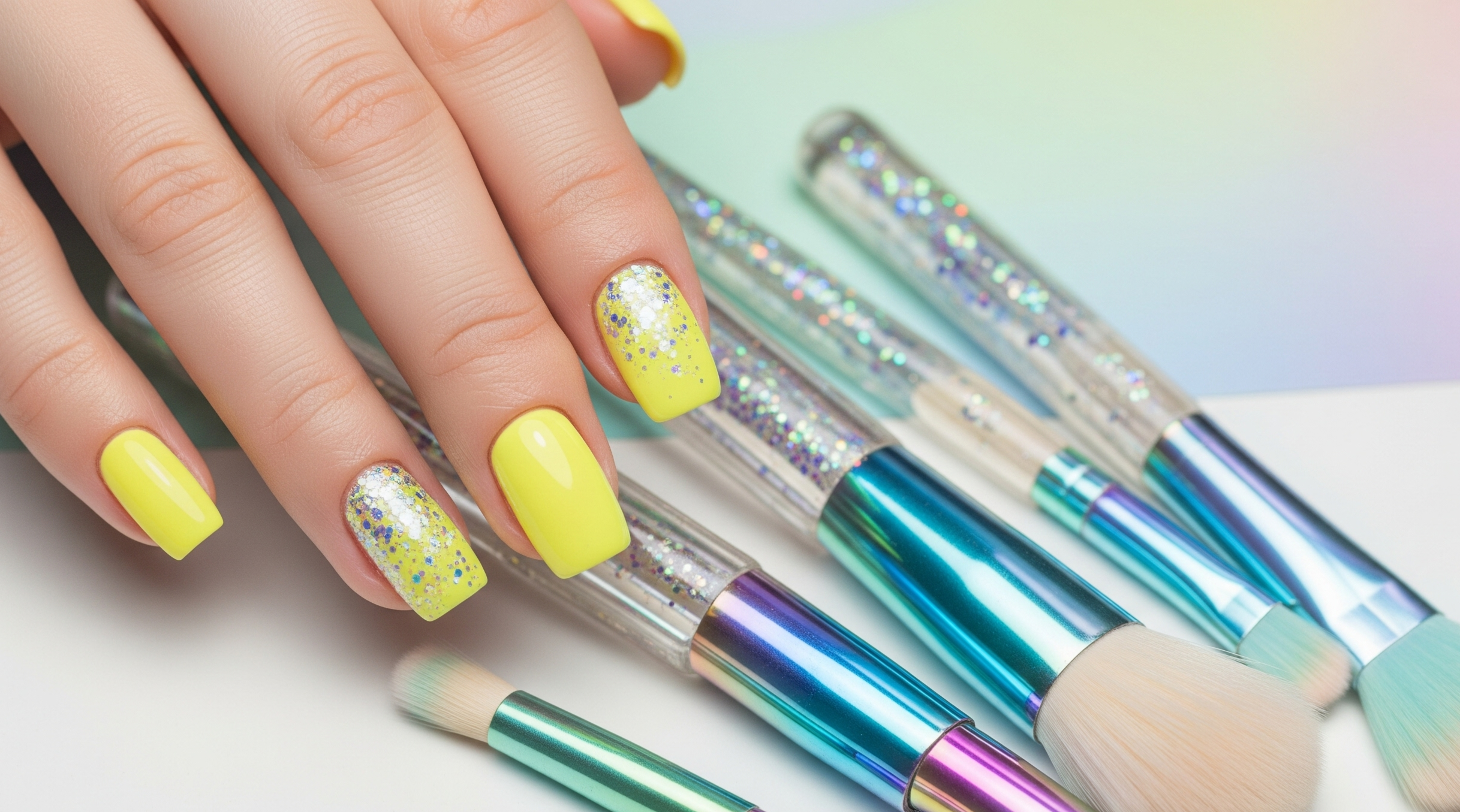 yellow and glitter nails