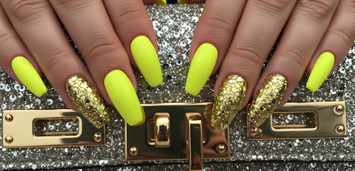 yellow and glitter nails