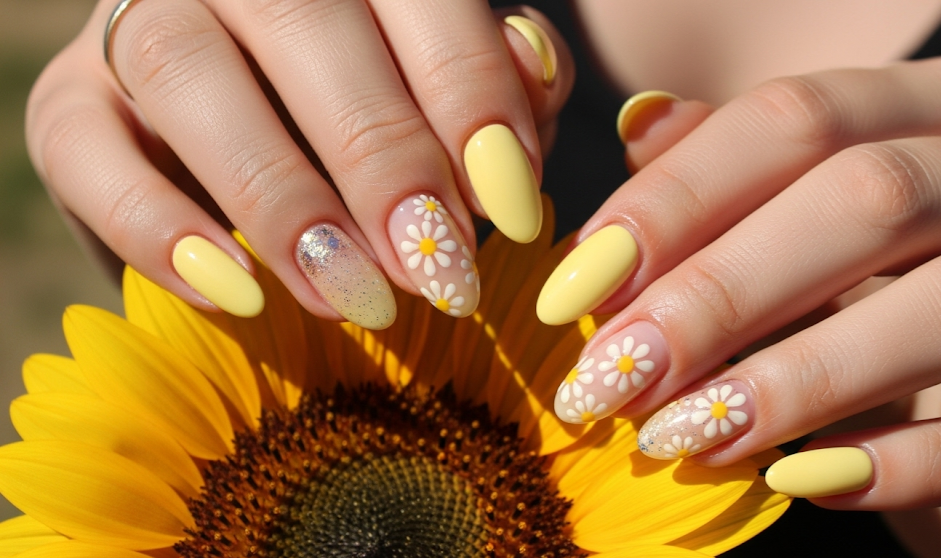 yellow and glitter nails