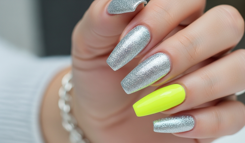 yellow and glitter nails