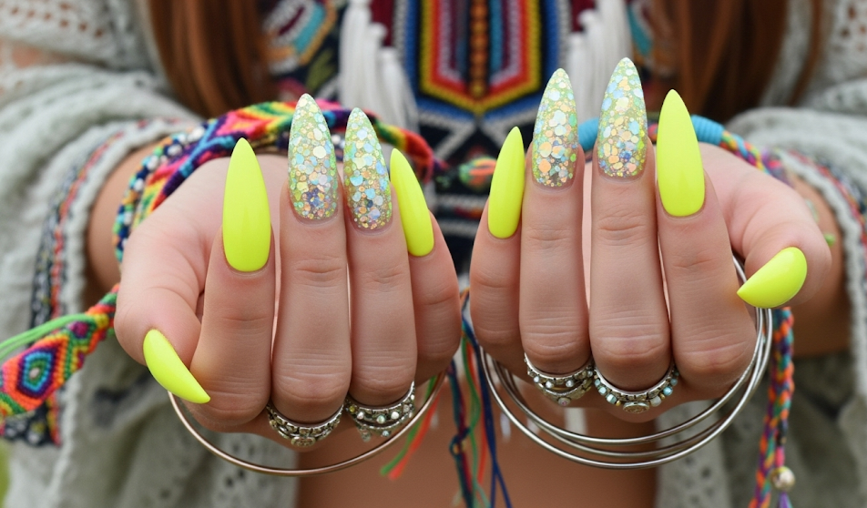 yellow and glitter nails